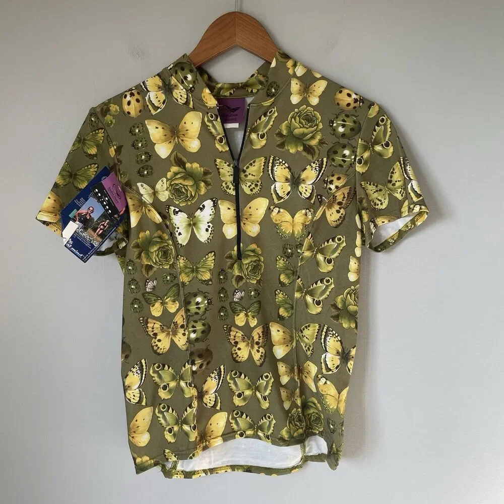 Koulius Zaard Vtg. Cycling Jersey Top Butterfly Print Green USA Made Size Medium